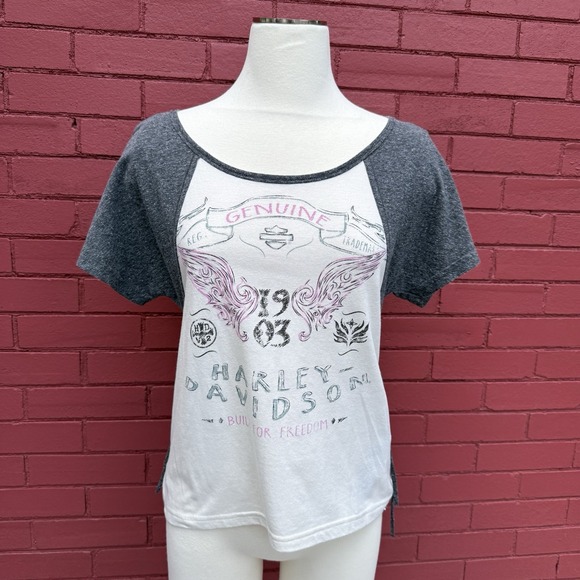 Harley-Davidson Tops - Harley Davidson Lace Up Shirt Womens Size Small Baseball Sleeve‎ Briker Grunge